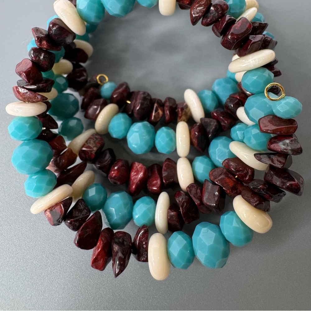 Hand Crafted Turquoise Glass, White Coral & Tiger Eye Gemstone Bracelet NWT - Picture 3 of 7